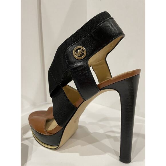 Michael Kors Size 8.5M Black Ankle Strap Brown Open Toe Heels - Picture 3 of 6